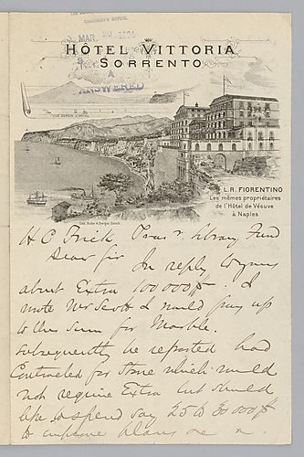 Writing from Sorrento, [Italy], Carnegie discusses the construction of [Carnegie Library in Oakland.]