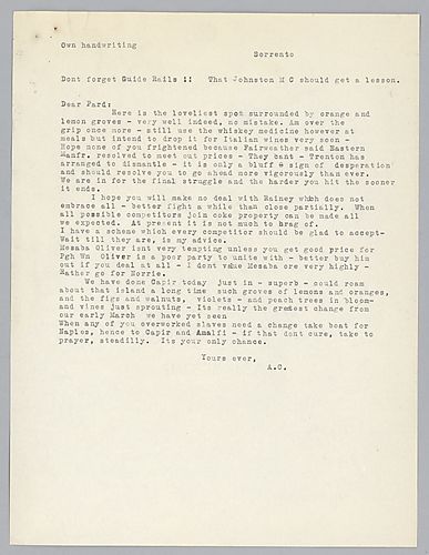 Writing from Sorrento, [Italy], Carnegie discusses his improving health and his stay in [Italy] along with business involving coke properties and ore