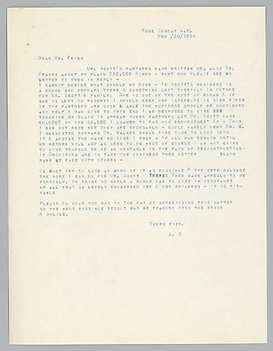 Writing from Rome, [Italy], Carnegie discusses what should be done concerning the deceased Mr. Scott's business and his wife and family