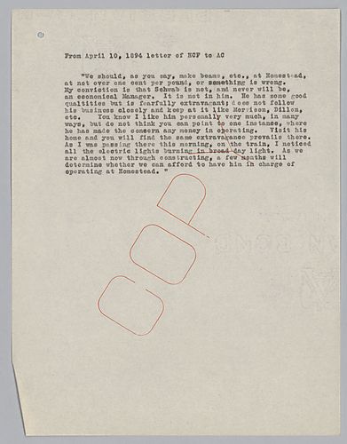 Carnegie comments on his uncertainty of Mr. Schwab's managerial skills at Homestead. An [excerpt] from a letter from April 10, 1894