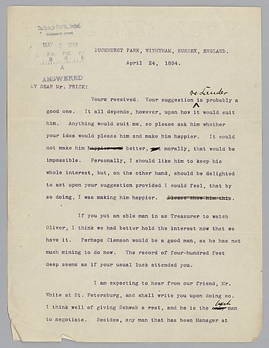 Writing from Buckhurst Park, Withyham, Sussex, [England], Carnegie discusses business involving Russia, Cornwall ore, and furnaces at Duquesne