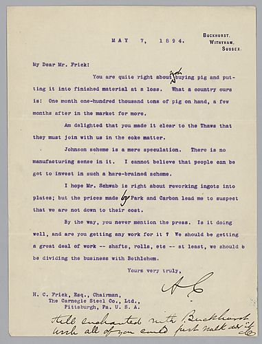 Writing from Buckhurst, Withyham, Sussex, [England], Carnegie discusses various business matters