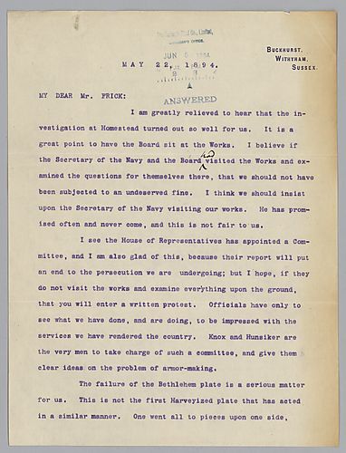 Writing from Buckhurst, Withyham, Sussex, [England], Carnegie discusses the investigation at Homestead concerning armor manufacturing for the United States government