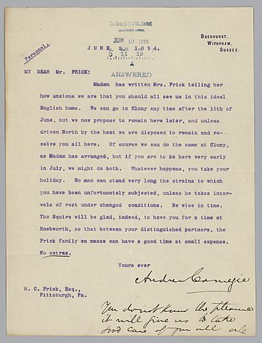 Writing from Buckhurst, Withyham, Sussex, [England], Carnegie discusses Frick and his family staying with him at Cluny Castle in the up coming summer
