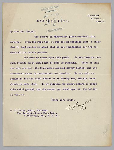 Writing from Buckhurst, Withyham, Sussex, [England], Carnegie discusses a report about the testing of a "Harveyized plate" by the government