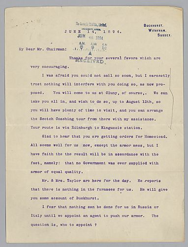 Writing from Buckhurst, Withyham, Sussex, [England], Carnegie discusses Frick's upcoming visit to Cluny Castle with his family