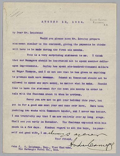 Writing from Kingussie [Scotland], Carnegie asks for the preparation of a statement for all the spending of the first six months. He also refuses any improvement costs and wishes Leishman could go on vacation and visit him. [Report included below letter, 