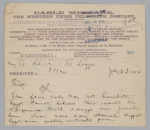 Carnegie writes from Laggan [Scotland] on supporting Egypt because of their interests