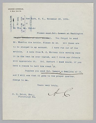 Carnegie writes from New York, [N.Y.] to remind Frick to send bottles [wine perhaps] to various people as gifts