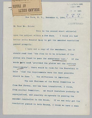 Carnegie writes from New York, [N.Y.] on amending a resolution so that the company will not be fined for armor that passes the government's acceptance test. Also included is a newspaper article in which the writer calls for plate testing