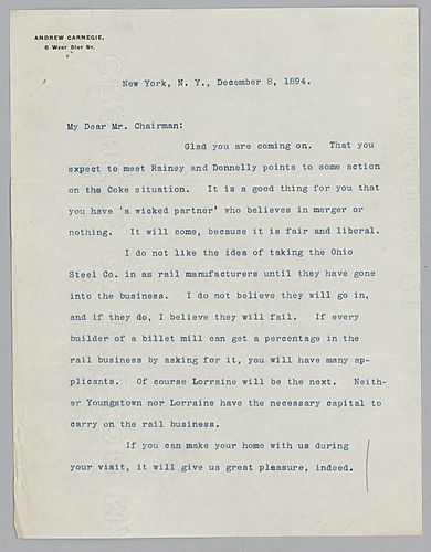 Carnegie writes from New York, [N.Y.] on merger possibilities with Ohio Steel Company