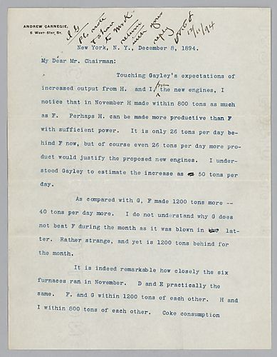 Carnegie writes from New York, [NY] on Gayley's expected output figures for various furnaces. In a typed post-script, Carnegie adds his approval of Frick's manager Mr. Pontefract