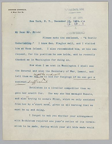 Carnegie writes from New York, [N.Y.] on competition with Bethlehem Steel Company for government contracts