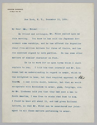 Carnegie writes from New York, [NY] on armor work with Mr. Flint and how to work with or compete against Bethlehem Steel Company for government contracts. Also included is a typed letter to Mr. Flint explaining the situation with Bethlehem Steel Company