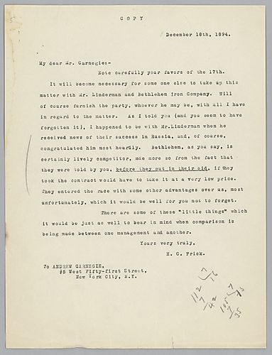 Frick writes to reprove Carnegie for the information that Carnegie divulged that allowed Bethlehem Steel Company to successfully bid for the Russian armor contracts