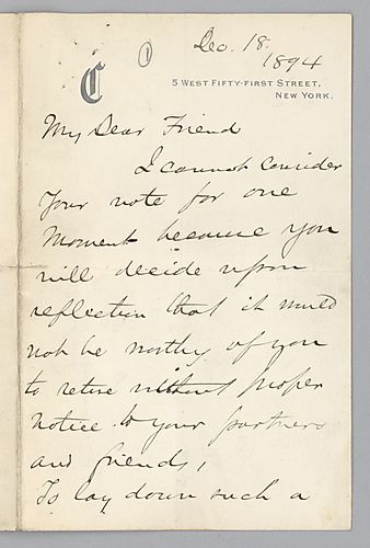 Carnegie writes from New York, [N.Y.] to refuse Frick's resignation. He then states his belief that Frick is "not well."