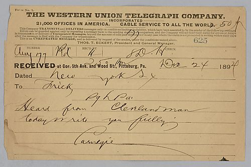 Carnegie writes from New York, [N.Y.] to say he will writes more fully on his "Cleveland man."