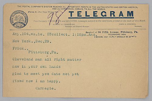 Carnegie writes from New York, [N.Y.] to say that the Cleveland man is handling things