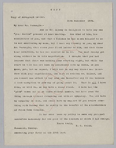 Frick writes to say that while he detests Carnegie's dealings with Rainey, he will not hinder the negotiations