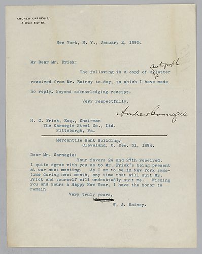 Carnegie writes from New York, [N.Y.] to send a copy of a letter from Rainey in which Rainey requests Frick's presence at his coming meeting with Carnegie