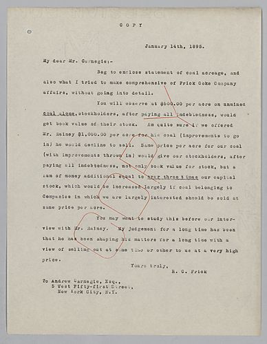 Frick writes on getting book value for coal land owned by Rainey