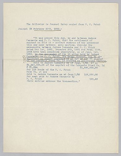 In his journal, Frick records the various transfers of notes and stock between himself and Carnegie