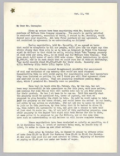 Frick writes on negotiations to purchase property owned by McClure Coke Company. He also writes on negotiations with Mr. Painey and coke prices