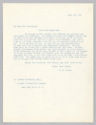 Frick writes on passing papers with McClure dealing with the purchase of coal land from that company