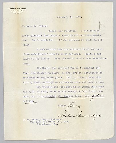 Carnegie writes from New York, [N.Y.] on one of the furnaces, the Illinois Steel Company's reduction in price, and his upcoming visit to Pittsburgh