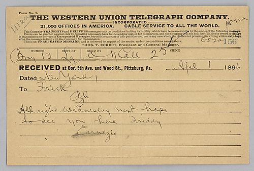 Carnegie writes from New York, [N.Y.] telling Frick he will see him next Wednesday and that he hopes to see him Friday
