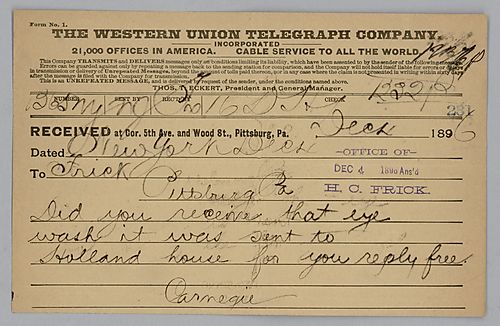 Carnegie writes from New York [N.Y.] to ask Frick if he received the eye wash that was sent to Holland House