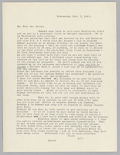 Carnegie writes from Greenwich [Conn.] on their business in Washington, Mr. Leishman's retirement, and the situation with Scranton