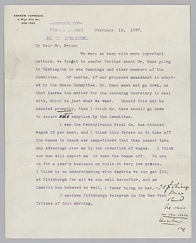 Carnegie writes from New York [N.Y.] on Mr. Knox going to Washington D.C. for their proposed amendment and on Pennsylvania Steel Co. reducing their wages