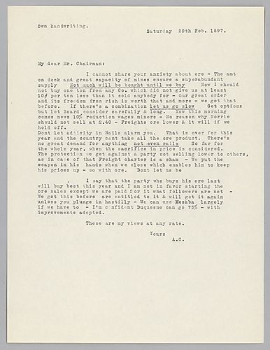 Carnegie writes to Frick on the ore market