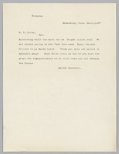 Carnegie writes from Greenwich [Conn.] on catching a cold, his trip to Harrisburg, and how he thinks Frick handled the ore situation well