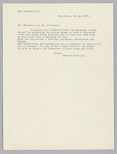 Carnegie writes from Greenwich [Conn.] on giving proxy votes to managers' substitutes