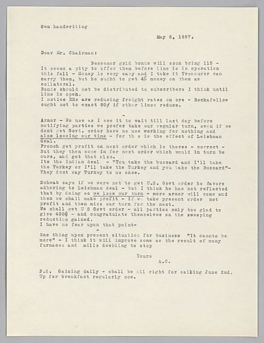 Carnegie writes on Bessemer gold bonds and armor orders