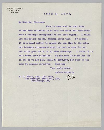 Carnegie writes from New York [N.Y.] on extending the Union railroad to the coke region and tells Frick to see Mr. Thomson about it