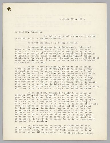 Frick writes on Mellon's proposed railroad and the Pennsylvania Railroad's reception of this idea as well as the Pennsylvania Railroad's dealing with Mr. Gates