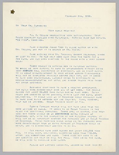 Frick writes to update Carnegie on Mellon's railroad, production and the "Iron Clad."
