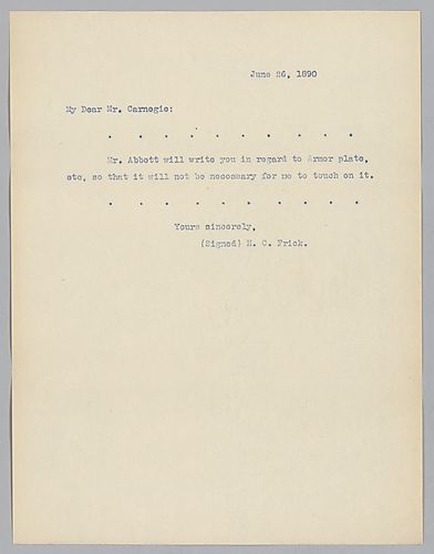Frick writes to say that Abbott will write to Carnegie on the armor plate