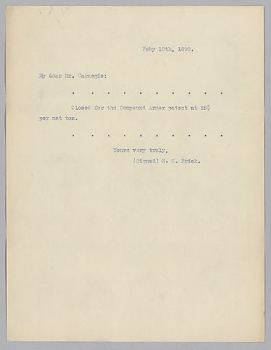 Frick writes to announce that he closed for the Compound Armor Patent