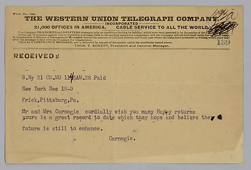 Carnegie writes from New York, [N.Y.] to wish Frick "Happy returns."
