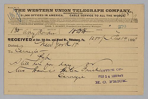 Carnegie writes from New York, [N.Y.] to ask about Helen Frick