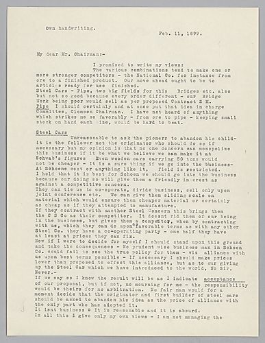 Carnegie writes on finished products such as steel cars. He strongly expresses his views on an appropriate agreement with Schoen regarding steel cars