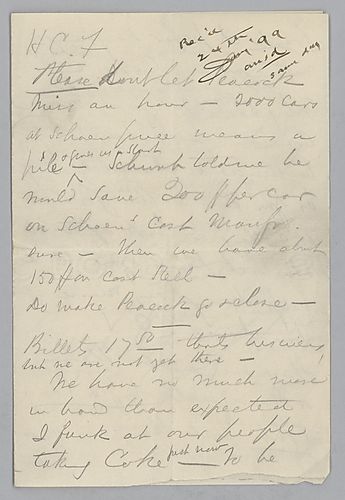 Carnegie writes on car production, billets, and his will. He notes that he is not anxious to sell