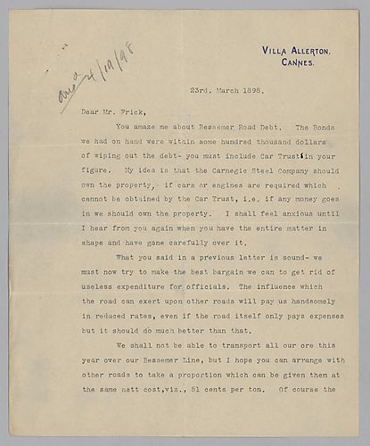 Carnegie writes from Cannes, [France] on issues surrounding the Bessemer Road and the production potential if war erupts in Cuba