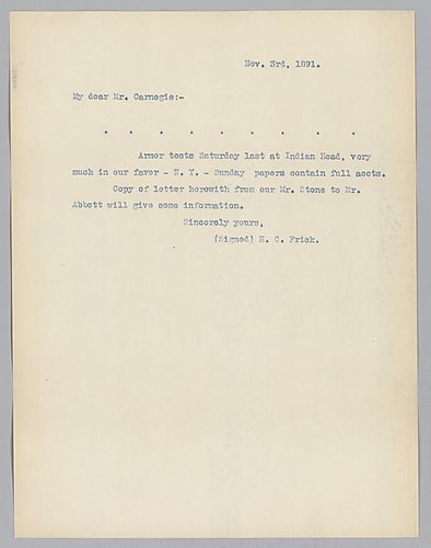 Frick writes to report successful armor tests