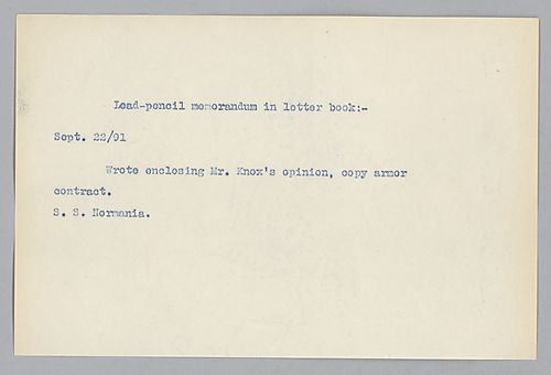 The letter notes the enclosure of Knox's opinion on the armor contract
