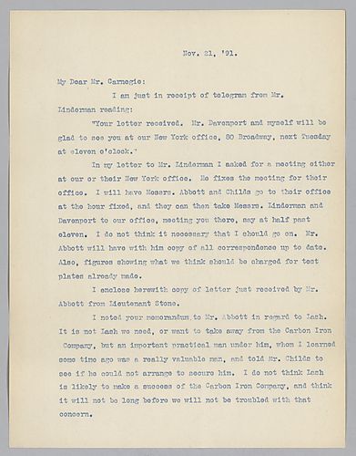 Frick writes on setting up a meeting with Mr. Linderman and Davenport at the New York offices as well as trying to get a man from the Carbon Iron Company
